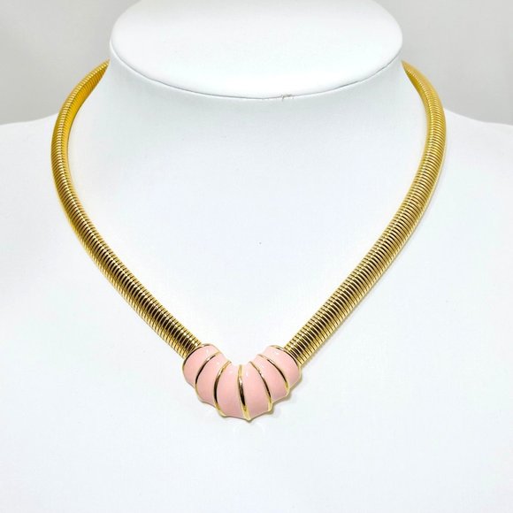 Vintage '80s Pink Enamel and Goldtone Necklace - Picture 3 of 6
